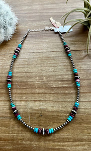 SS Navajo Pearls & Real Turquoise & Purple Spiny Choker