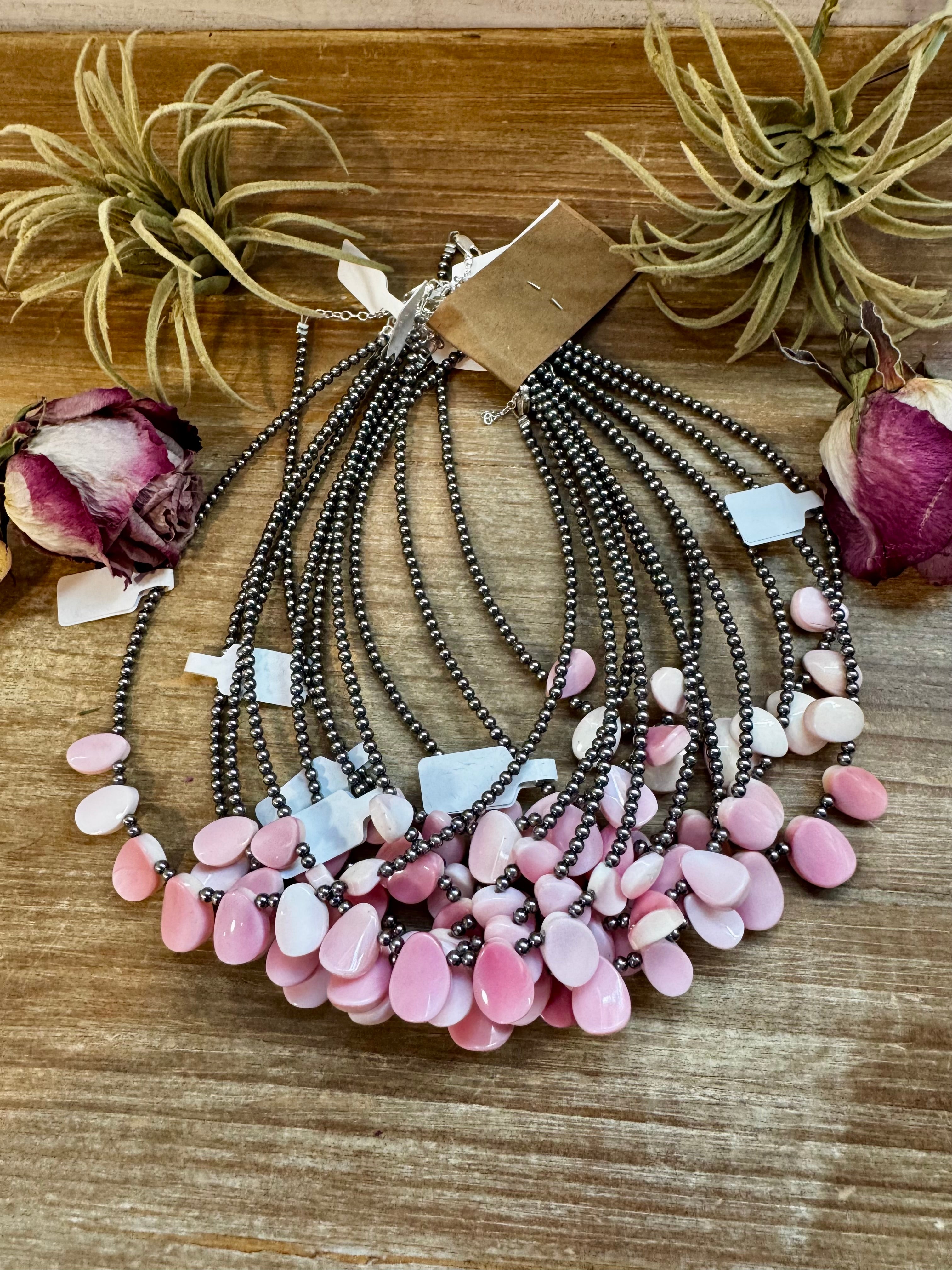 14" Pink Conch Petal Choker – 3mm Sterling Silver Pearls