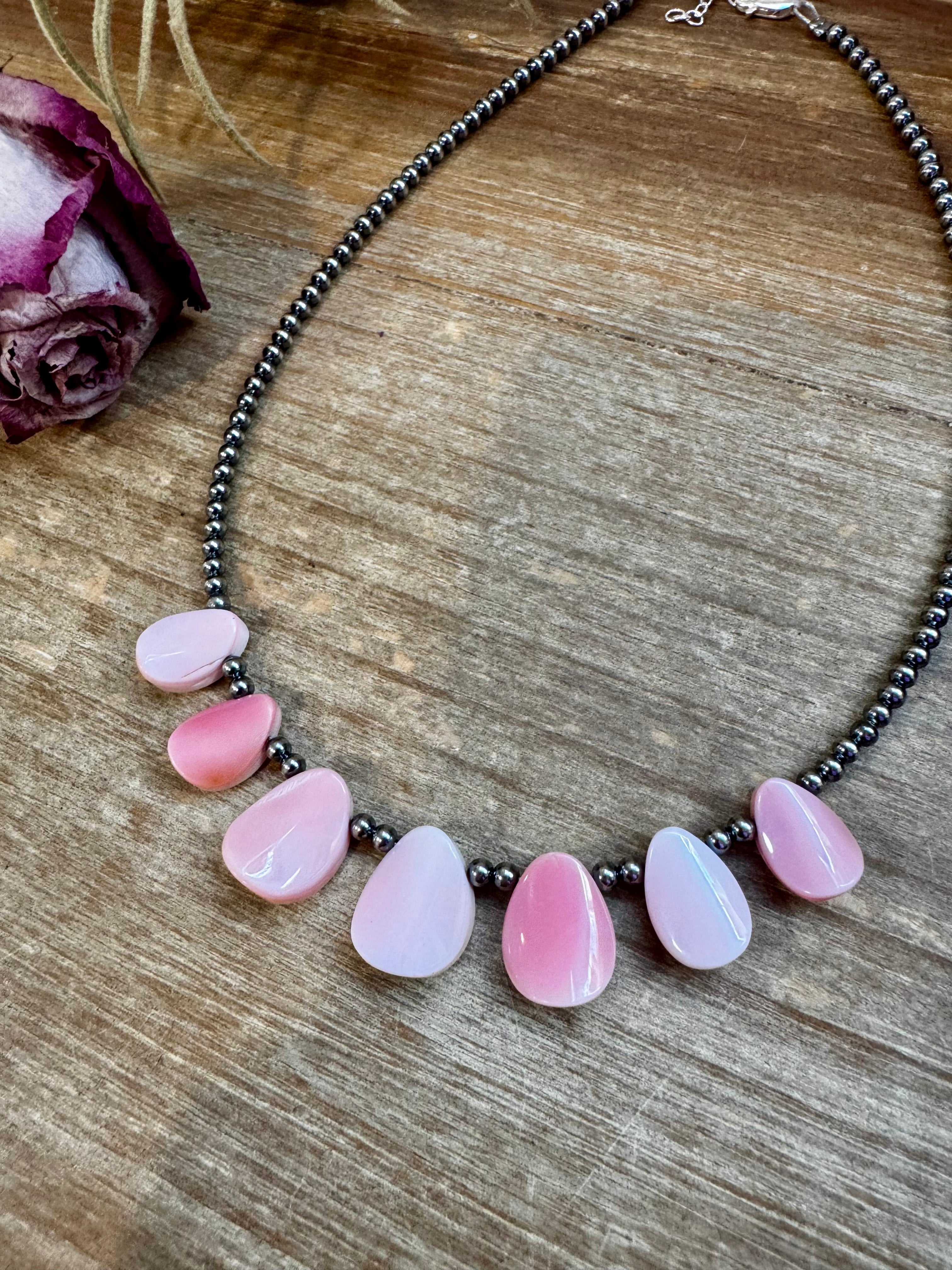 14" Pink Conch Petal Choker – 3mm Sterling Silver Pearls